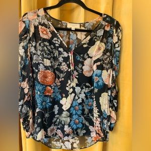 Silk chiffon floral blouse w/black poly camisole, ruched mutton sleeves.